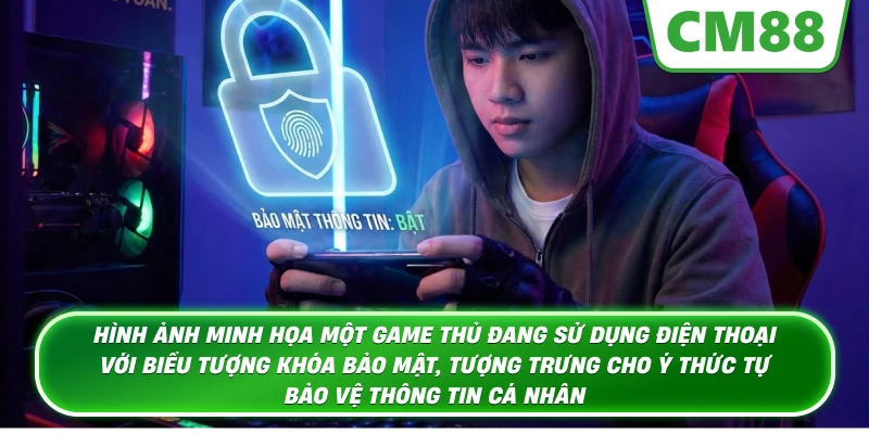 Hình ảnh minh họa một game thủ đang sử dụng điện thoại với biểu tượng khóa bảo mật, tượng trưng cho ý thức tự bảo vệ thông tin cá nhân
